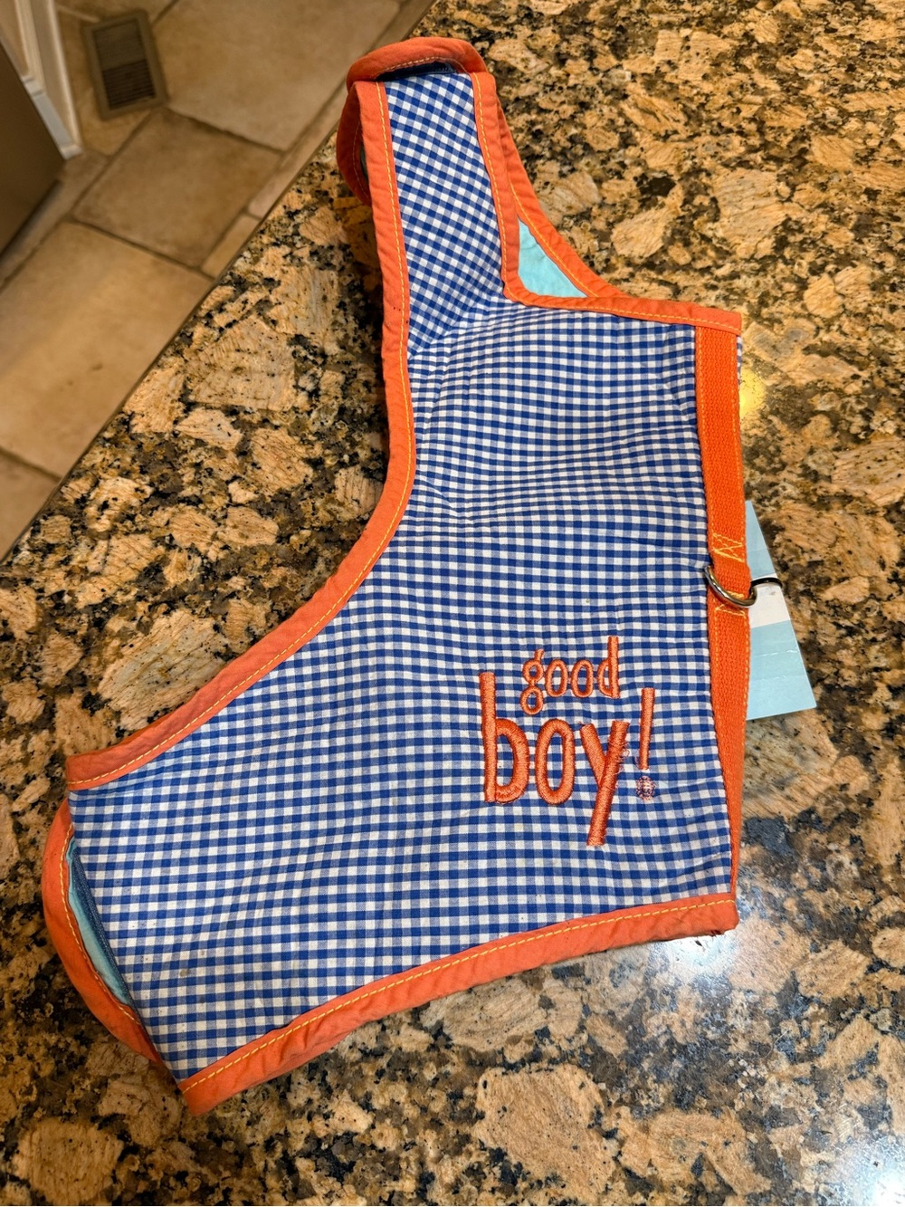 Good Boy Blue Gingham Dog Harness with Orange Trim
